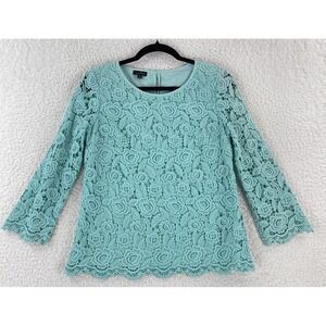 Talbots Blue Floral‎ Crochet Layered Shirt Womens Long Sleeve Scalloped Size 2